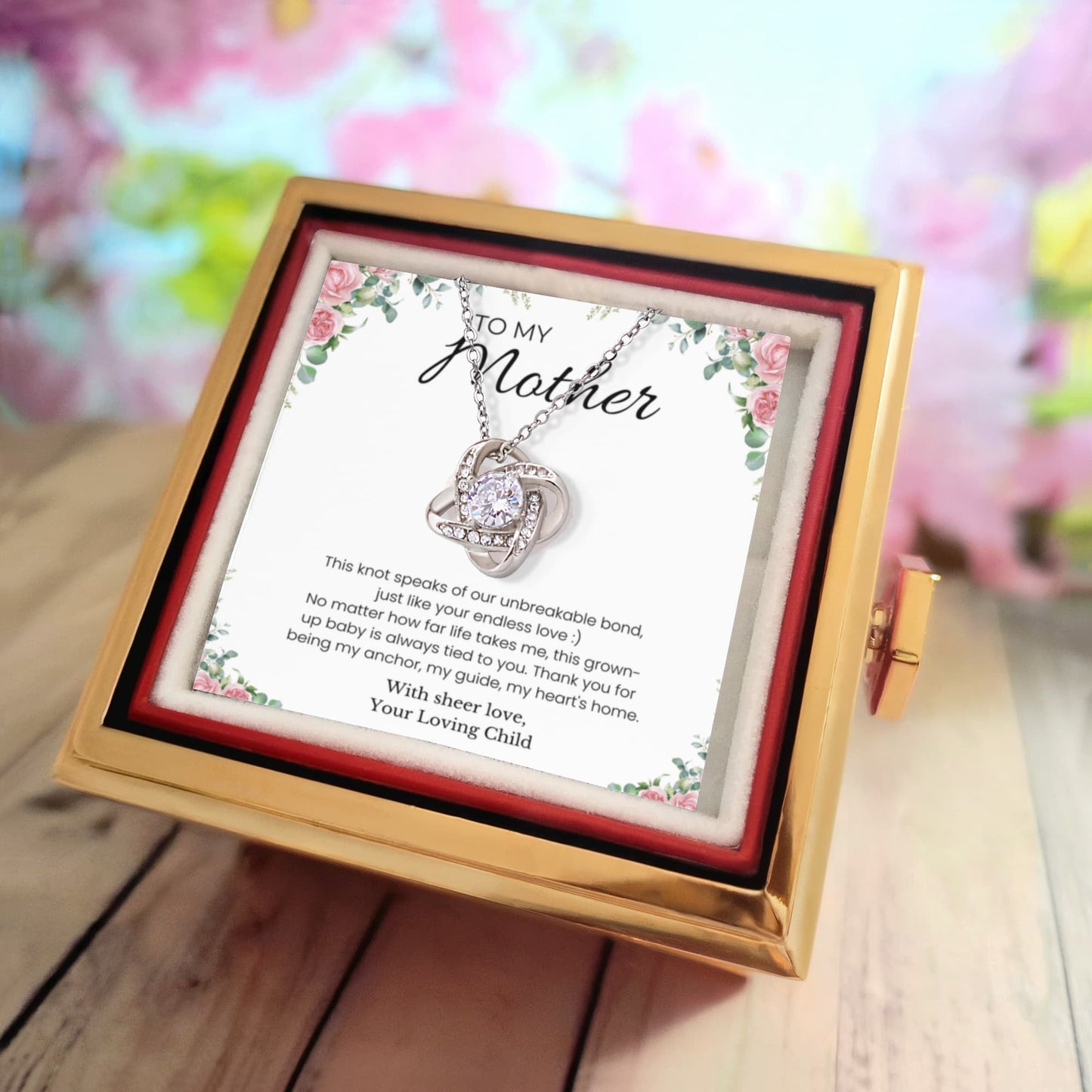 To My Mother - Love Knot Necklace Gift Set with Rotating Rose Gift Box - PlumOnyx