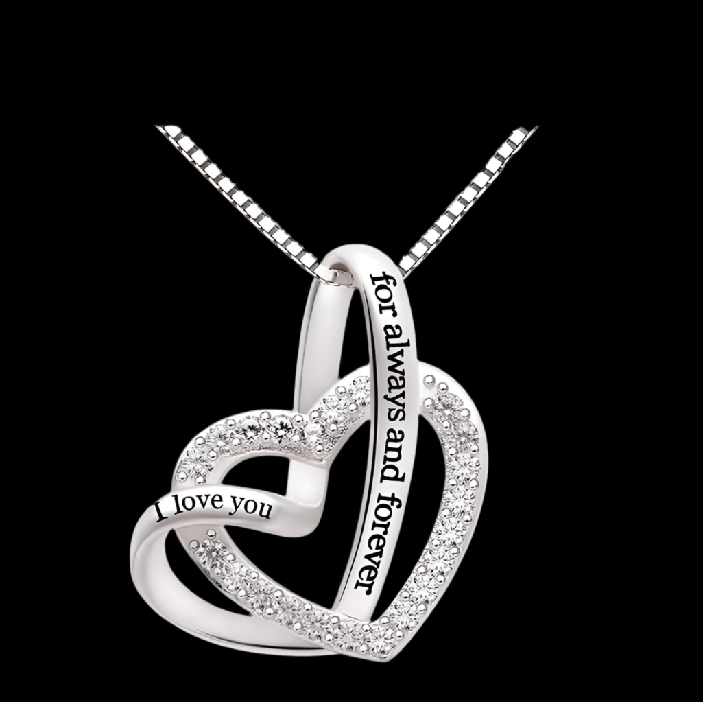 "I Love You for and Forever" Love Heart Cubic Zirconia Sterling Silver Necklace - PlumOnyx