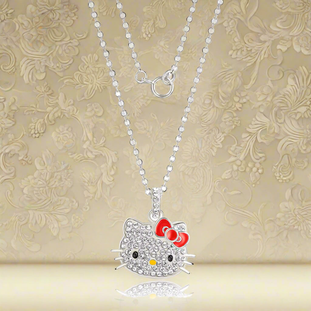 Hello Kitty Necklace - 18-Inch Silver Plated Necklace with Crystal Hello Kitty Pendant - Hello Kitty Jewelry for Women - Hello Kitty Accessories
