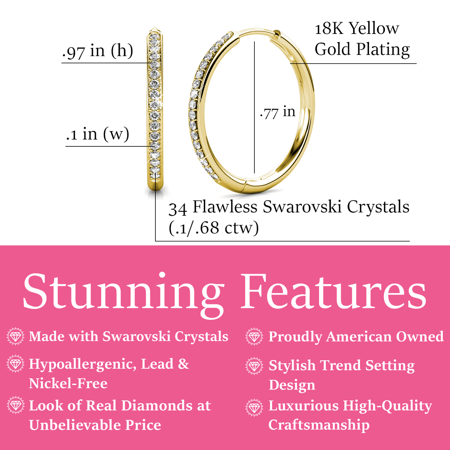 18K Yellow Gold Drop Dangle Hoop Earrings with Swarovski Crystals