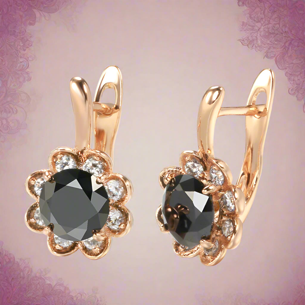 New 585 Rose Gold Pendant Earrings Center Inlay Black Zircon Surround Diamond Flower Pierced Earrings Women Fashion Accessories