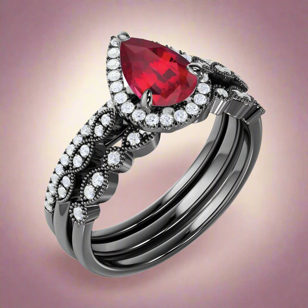 1.75 Carat Teardrop Vintage Ruby Trio Ring Set in 18K Black Gold over Silver