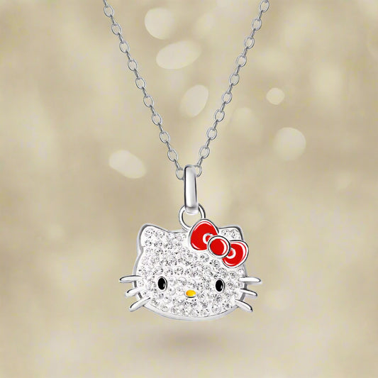 Hello Kitty Necklace - 18-Inch Silver Plated Necklace with Crystal Hello Kitty Pendant - Hello Kitty Jewelry for Women - Hello Kitty Accessories