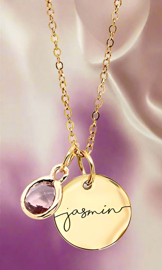 Personalized Name Necklace Gold Plated Disc Pendant with Birthstone Charm, Custom Jewelry Gift for Women, Birthday and Holiday Necklace, Personalized Gifts for New Moms - PlumOnyx