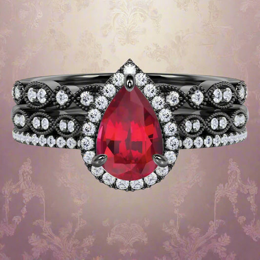 1.75 Carat Teardrop Vintage Ruby Trio Ring Set in 18K Black Gold over Silver