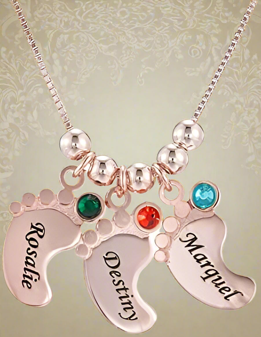 Baby Feet Pendant Necklace Gift for Mom with Engraving Baby Name or Date - PlumOnyx