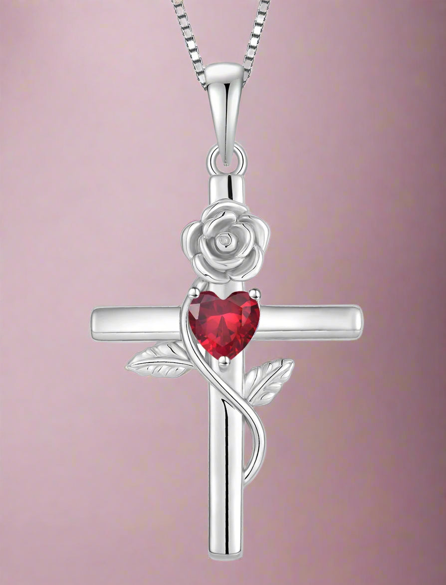 Cross Pendant Necklace Sterling Silver Infinite Rose Flower Necklace Women Faith Jewelry Gift with July Birthstone Created Ruby