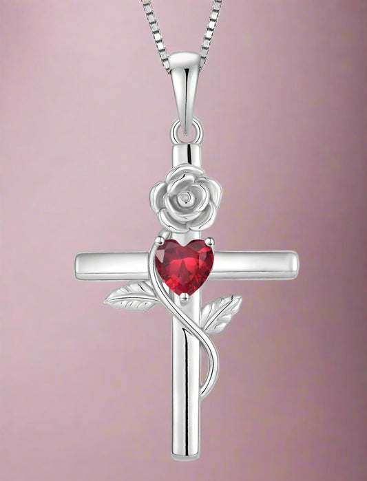 Cross Pendant Necklace Sterling Silver Infinite Rose Flower Necklace Women Faith Jewelry Gift with July Birthstone Created Ruby