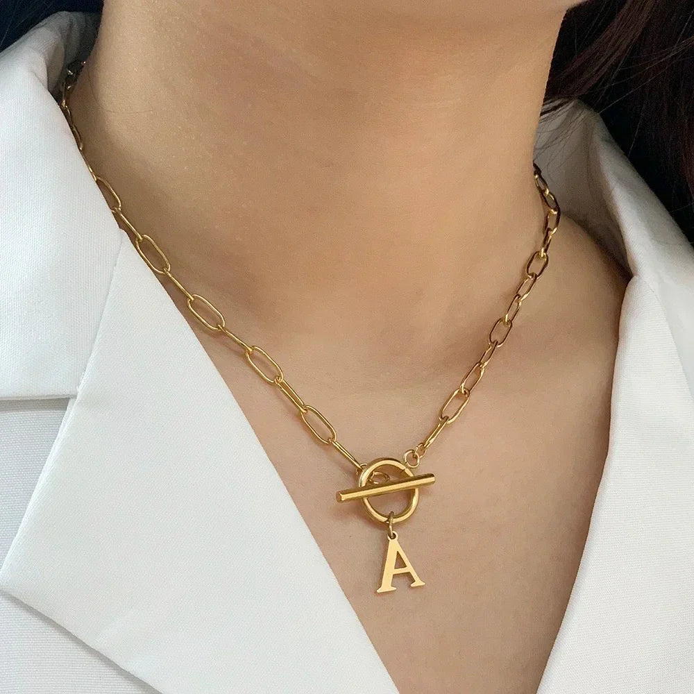 Paperclip Letter Initial Circle Lock Clasp Necklace - PlumOnyx