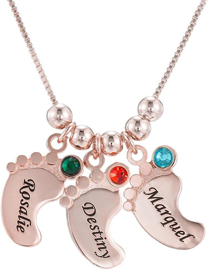 Baby Feet Pendant Necklace Gift for Mom with Engraving Baby Name or Date - PlumOnyx
