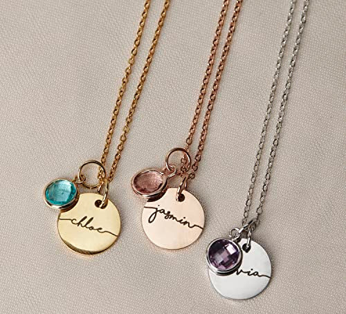 Personalized Name Necklace Gold Plated Disc Pendant with Birthstone Charm, Custom Jewelry Gift for Women, Birthday and Holiday Necklace, Personalized Gifts for New Moms - PlumOnyx