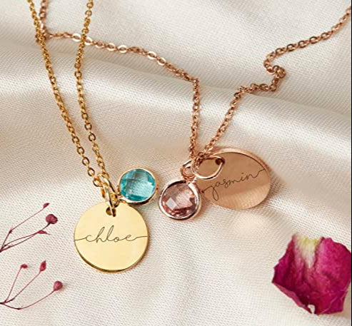 Personalized Name Necklace Gold Plated Disc Pendant with Birthstone Charm, Custom Jewelry Gift for Women, Birthday and Holiday Necklace, Personalized Gifts for New Moms - PlumOnyx
