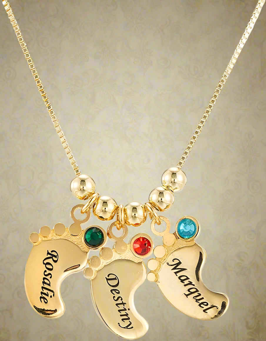 Baby Feet Pendant Necklace Gift for Mom with Engraving Baby Name or Date - PlumOnyx