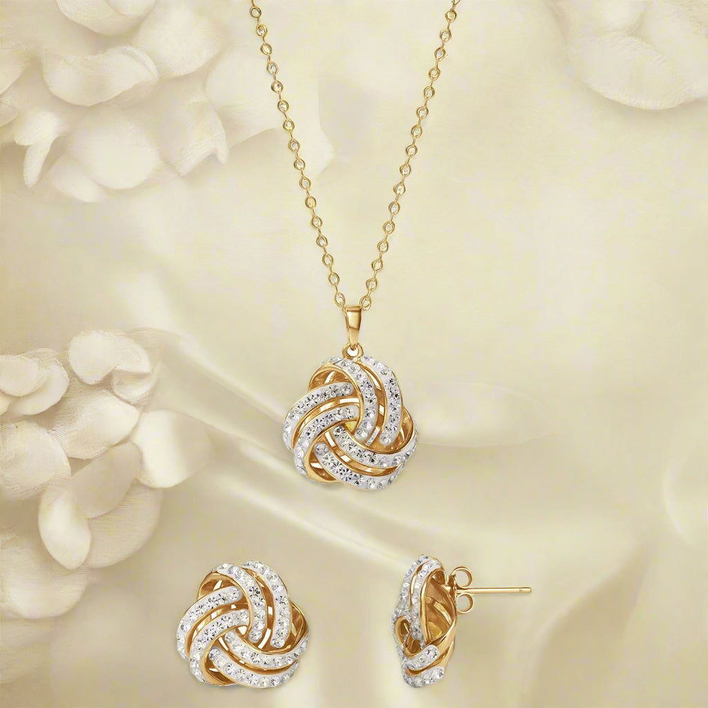 Love Knot 18K Gold Crystal Pendant and Earring Set