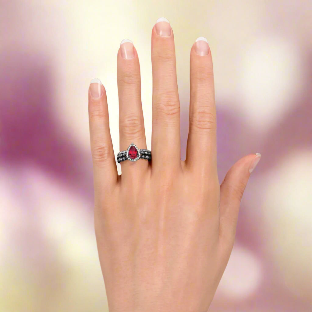 1.75 Carat Teardrop Vintage Ruby Trio Ring Set in 18K Black Gold over Silver