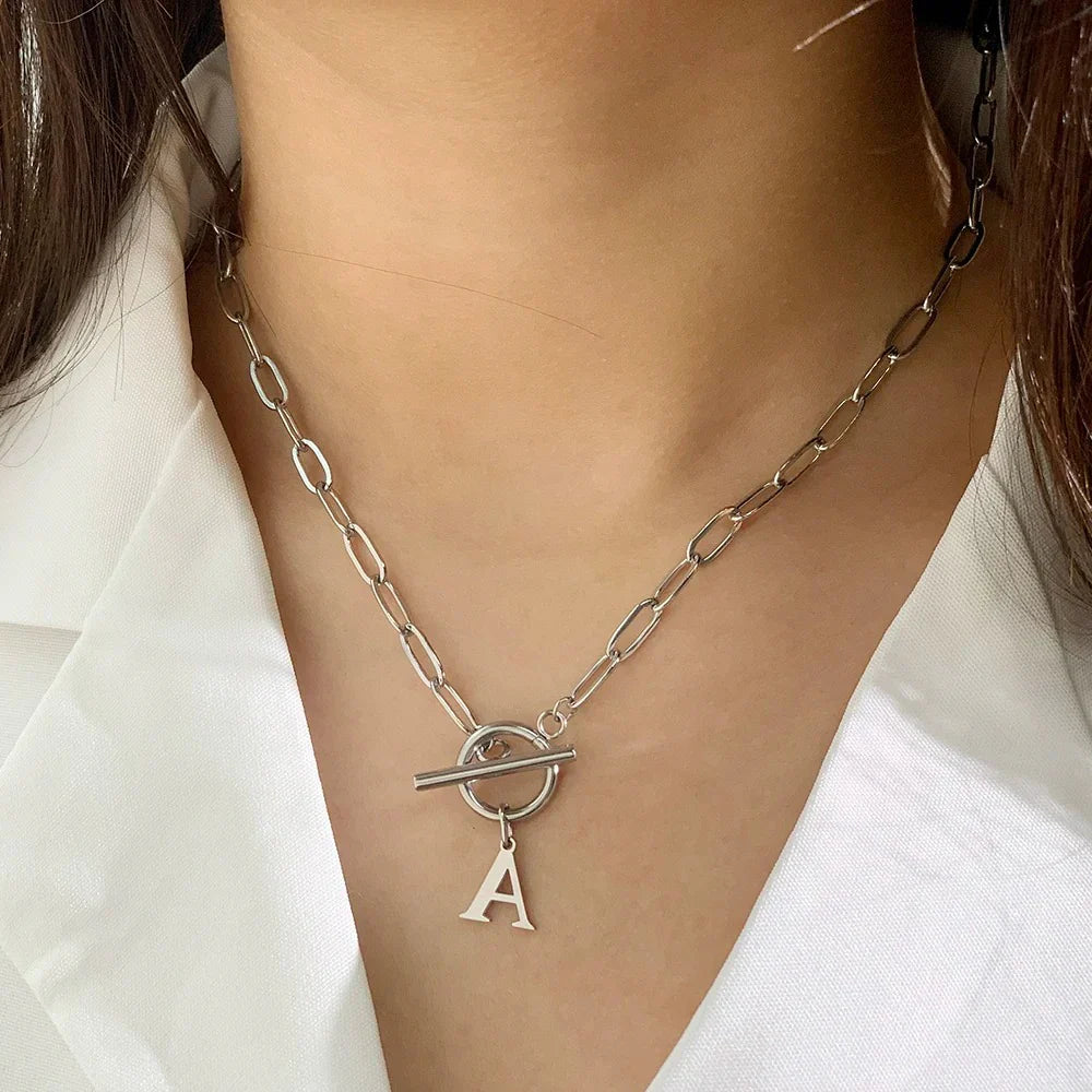 Paperclip Letter Initial Circle Lock Clasp Necklace - PlumOnyx