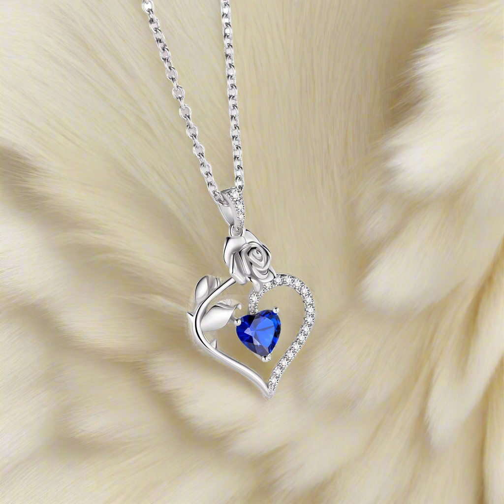 925 Sterling Silver Heart & Rose Birthstone Necklace - PlumOnyx