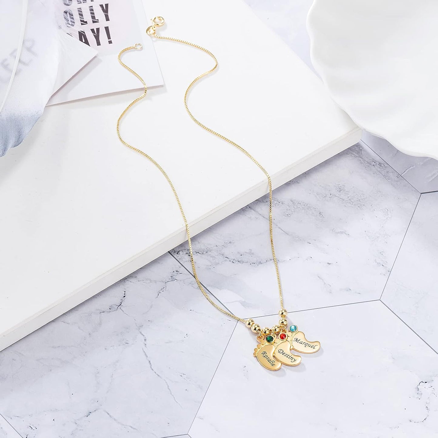 Baby Feet Pendant Necklace Gift for Mom with Engraving Baby Name or Date - PlumOnyx