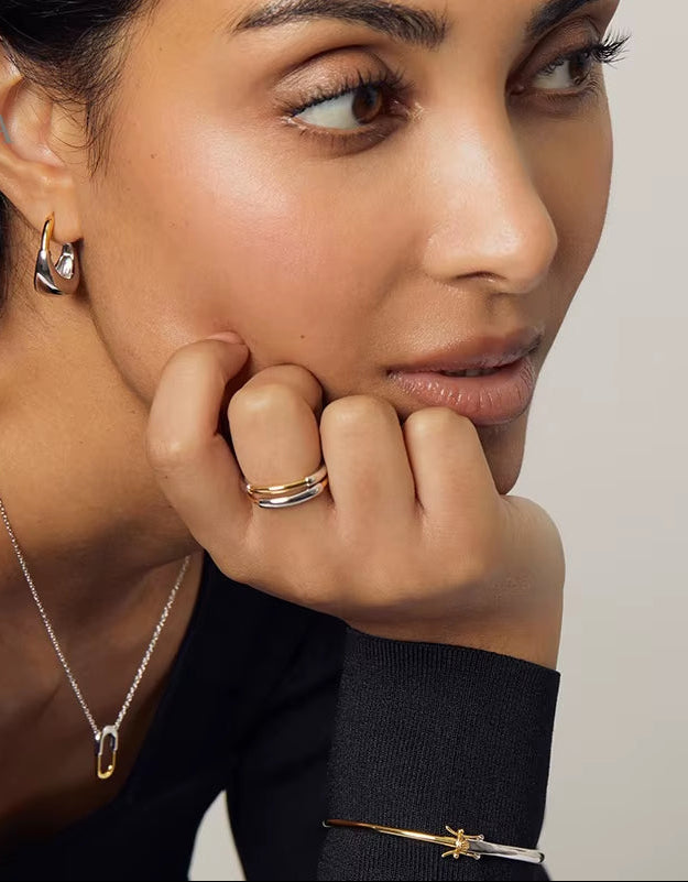Two-Tone Minimalist 925 Sterling Silver & Gold U-Hoop Earrings – Chunky Aurora Design