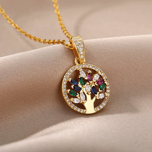 Brass Necklace with Color Zircon Inlaid Hollow Tree Pendant