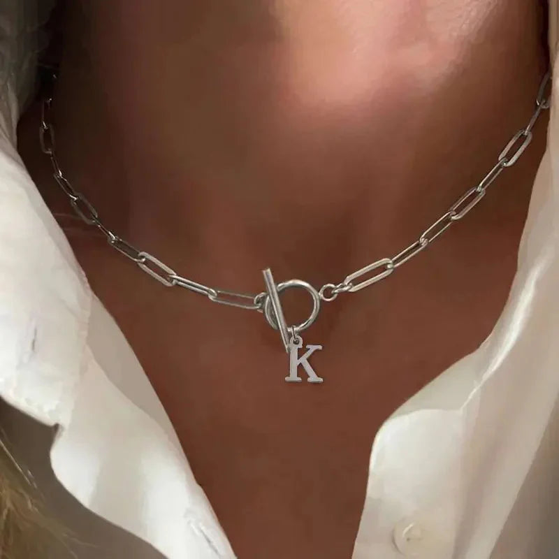 Paperclip Letter Initial Circle Lock Clasp Necklace - PlumOnyx