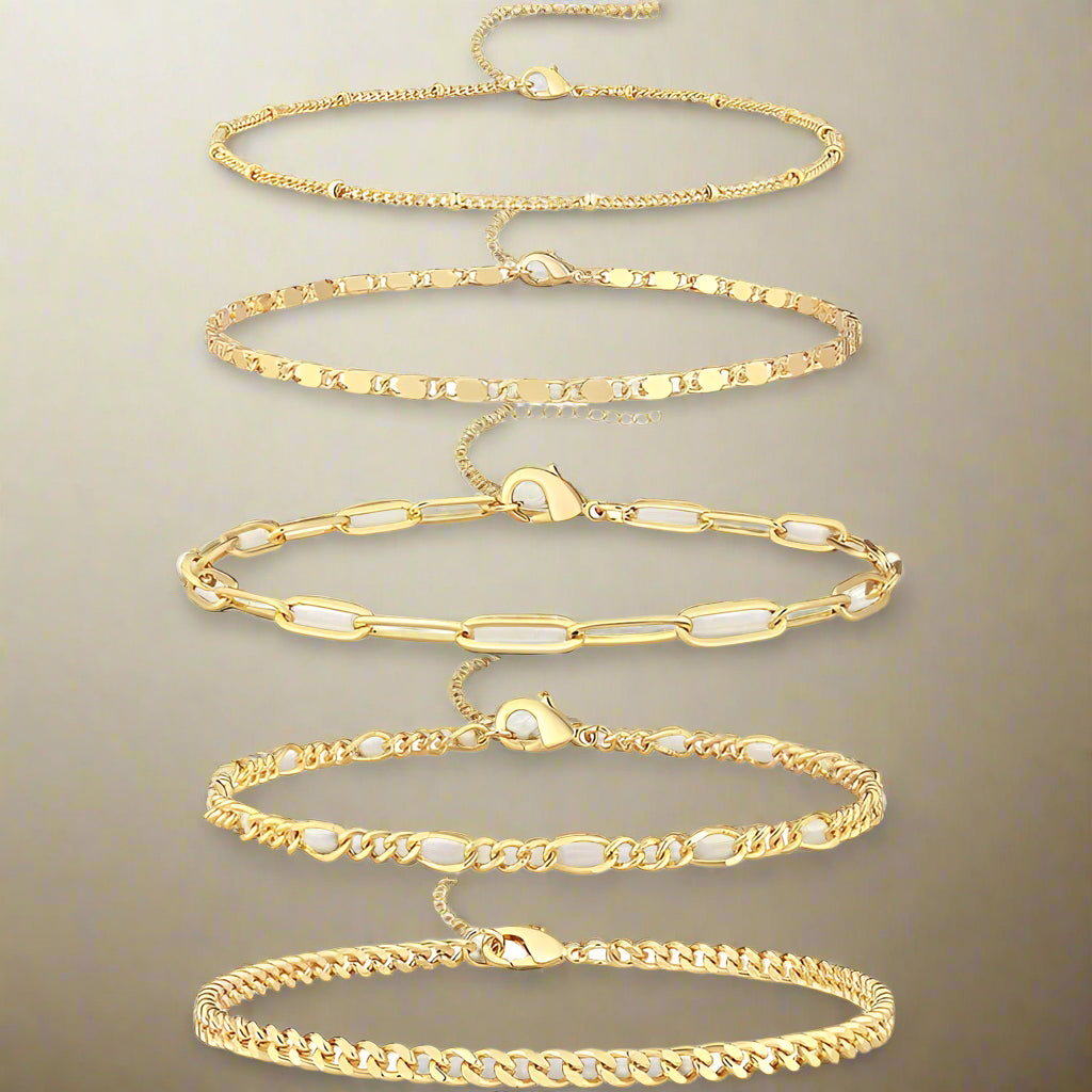 5-Piece Gold Plated Waterproof Ankle Bracelet Set – Layered Cuban, Figaro Link Chains for Women & Teen Girls