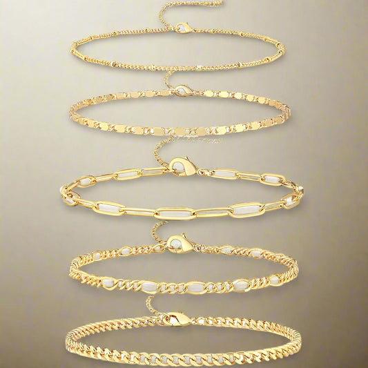 5-Piece Gold Plated Waterproof Ankle Bracelet Set – Layered Cuban, Figaro Link Chains for Women & Teen Girls