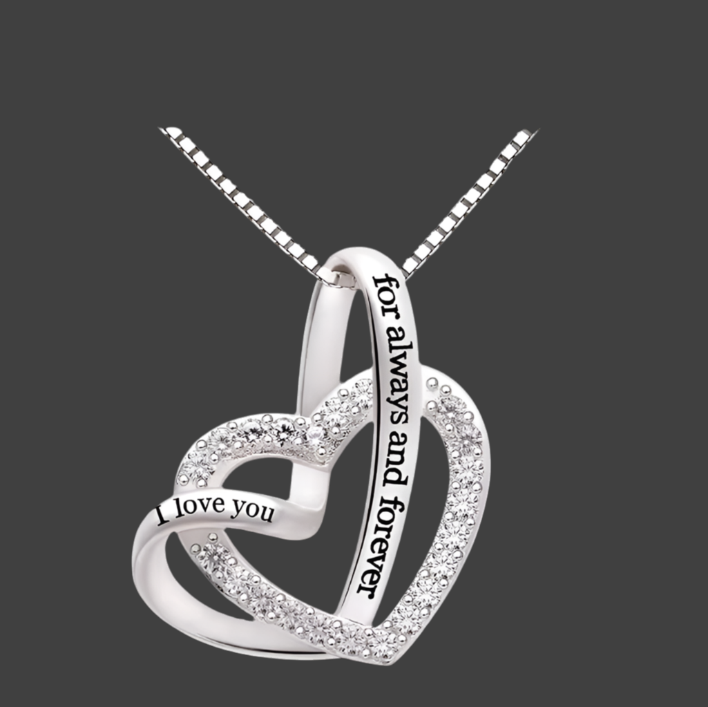 "I Love You for and Forever" Love Heart Cubic Zirconia Sterling Silver Necklace - PlumOnyx