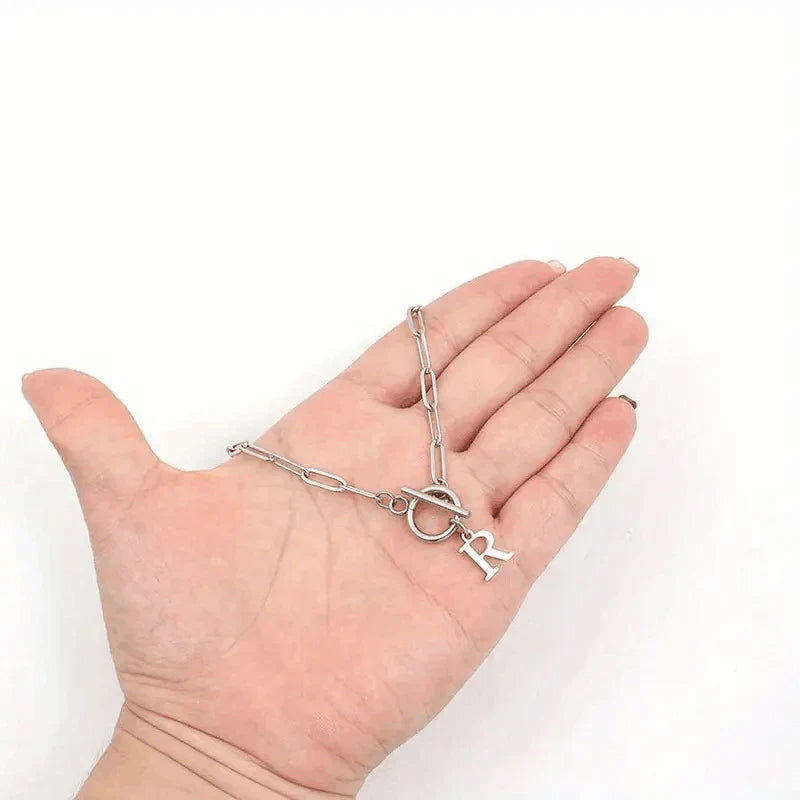 Paperclip Letter Initial Circle Lock Clasp Necklace - PlumOnyx