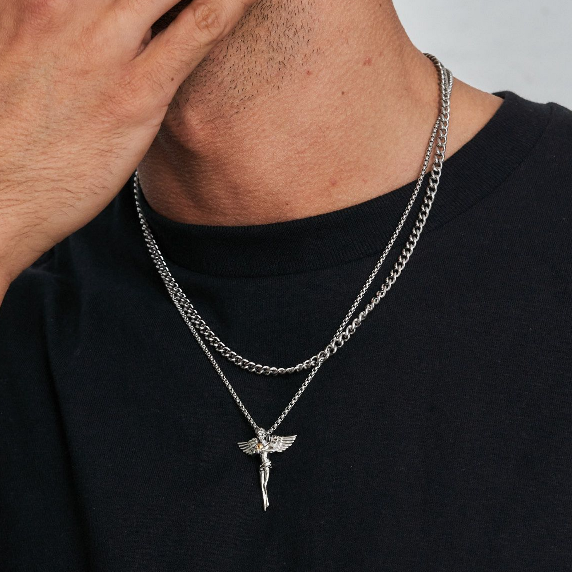 18K Gold Plated Stainless Steel Men's Anchor Necklace- Silver - PlumOnyx
