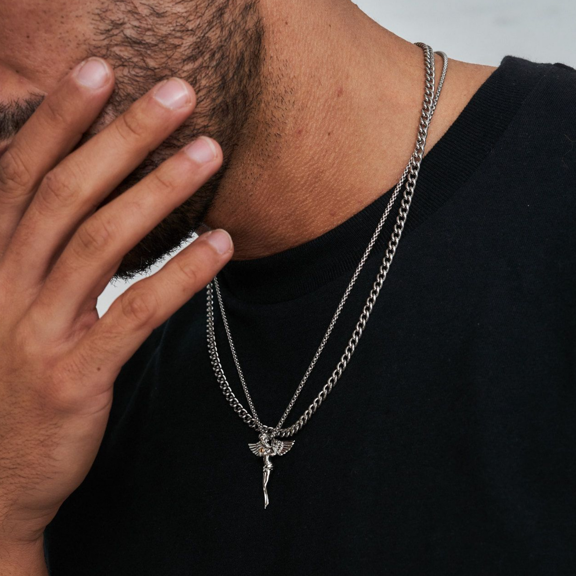 18K Gold Plated Stainless Steel Men's Anchor Necklace- Silver - PlumOnyx