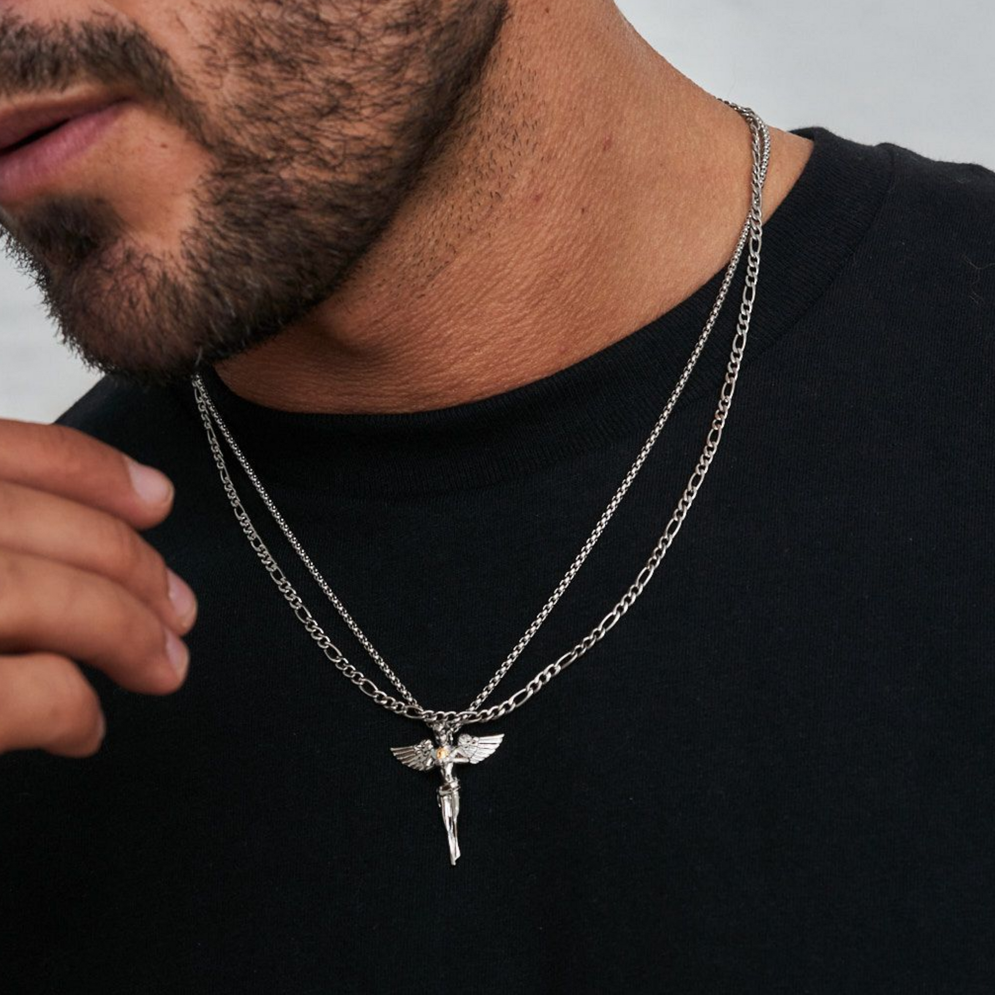 18K Gold Plated Stainless Steel Men's Anchor Necklace- Silver - PlumOnyx