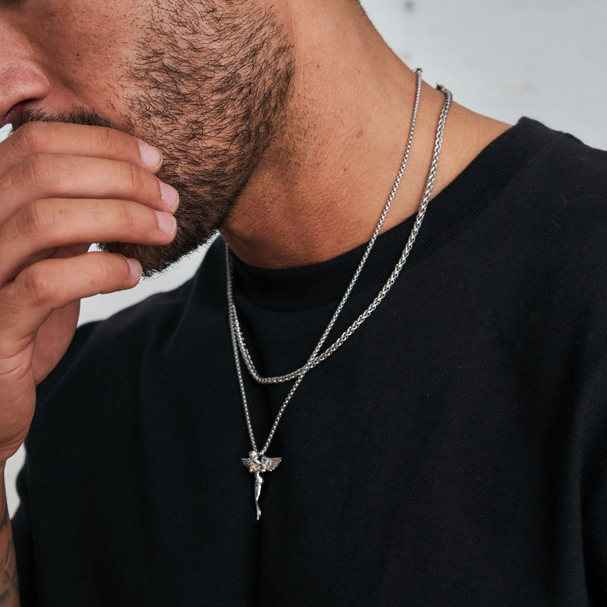 18K Gold Plated Stainless Steel Men's Anchor Necklace- Silver - PlumOnyx