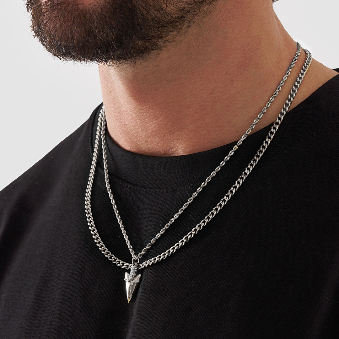 18K Gold Plated Stainless Steel Men's Anchor Necklace- Silver - PlumOnyx