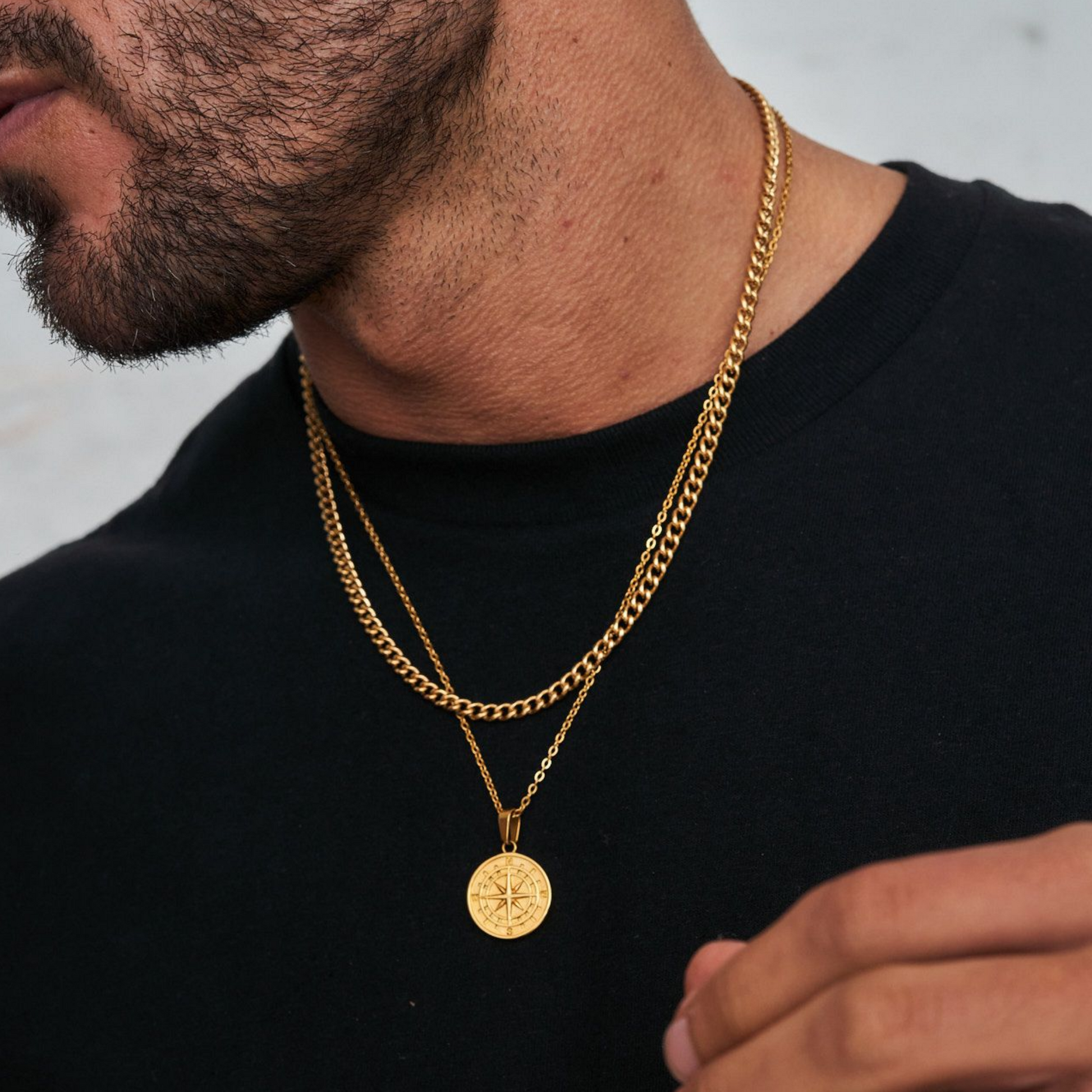18K Gold Plated Compass North Star Crucifix Necklace Stainless Steel - PlumOnyx