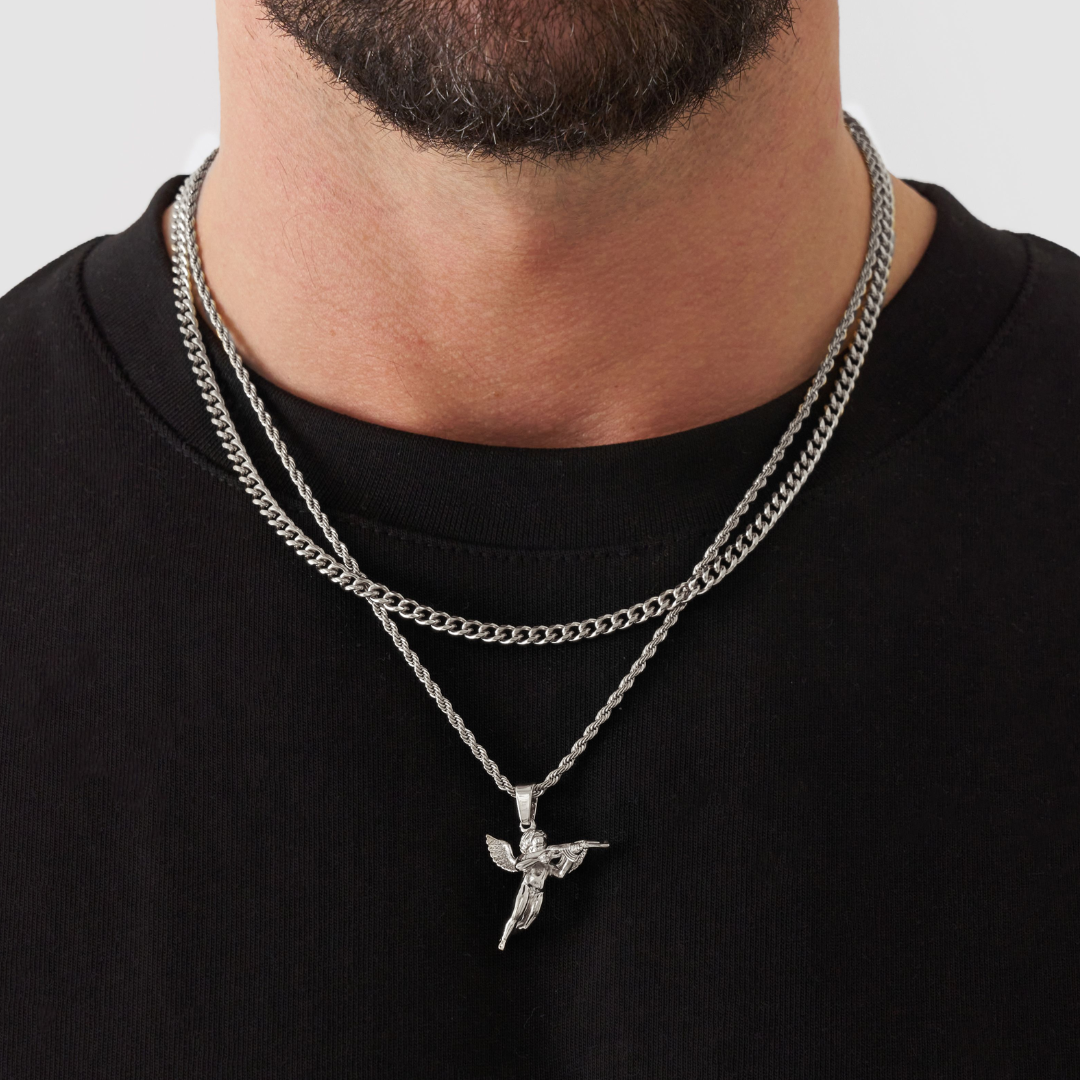 18K Gold Plated Stainless Steel Men's Anchor Necklace- Silver - PlumOnyx