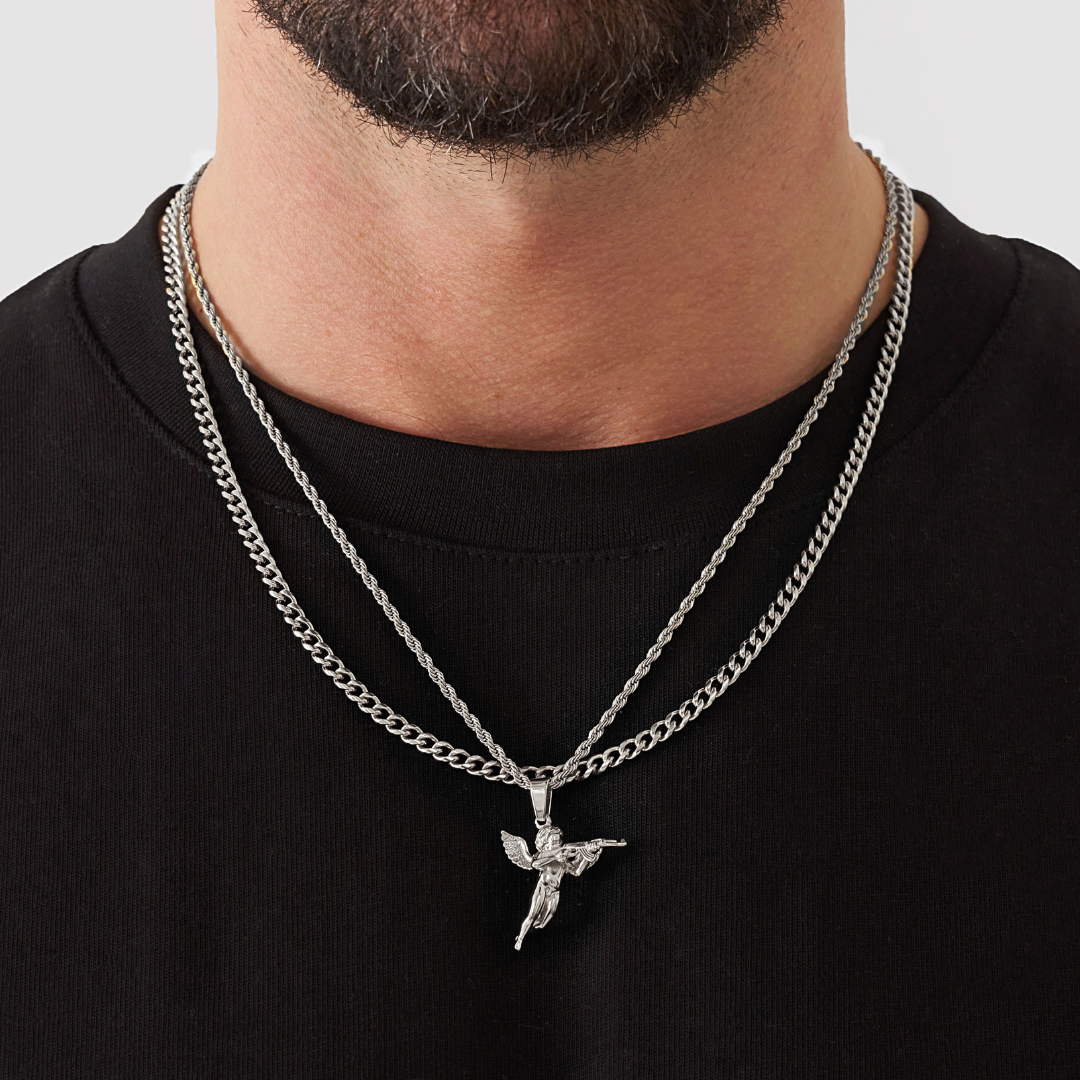 18K Gold Plated Stainless Steel Men's Anchor Necklace- Silver - PlumOnyx