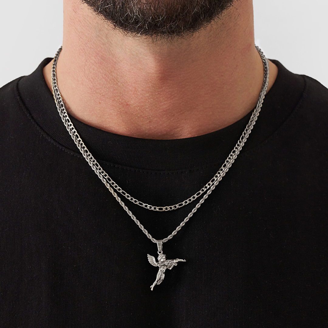 18K Gold Plated Stainless Steel Men's Anchor Necklace- Silver - PlumOnyx