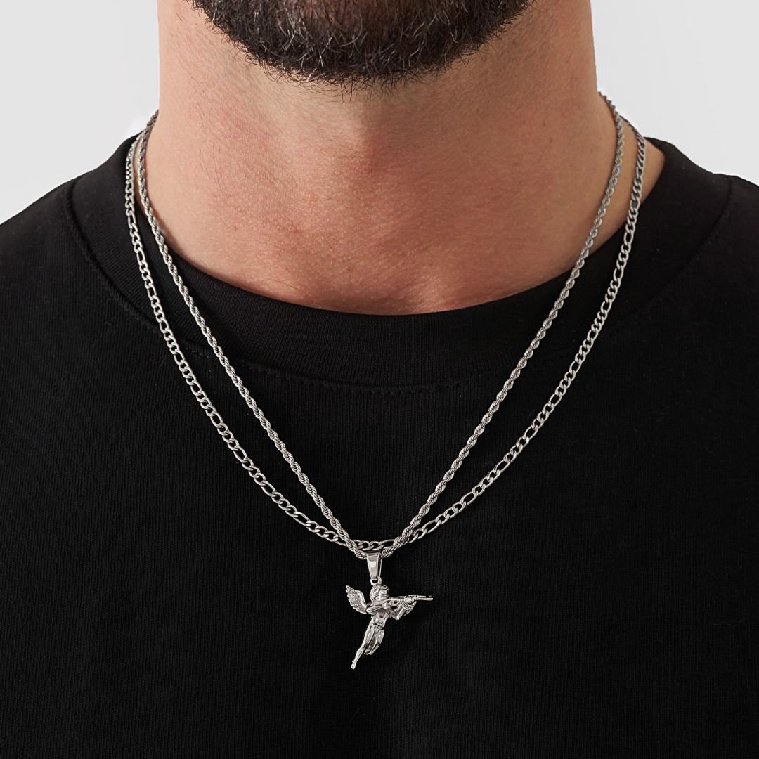 18K Gold Plated Stainless Steel Men's Anchor Necklace- Silver - PlumOnyx