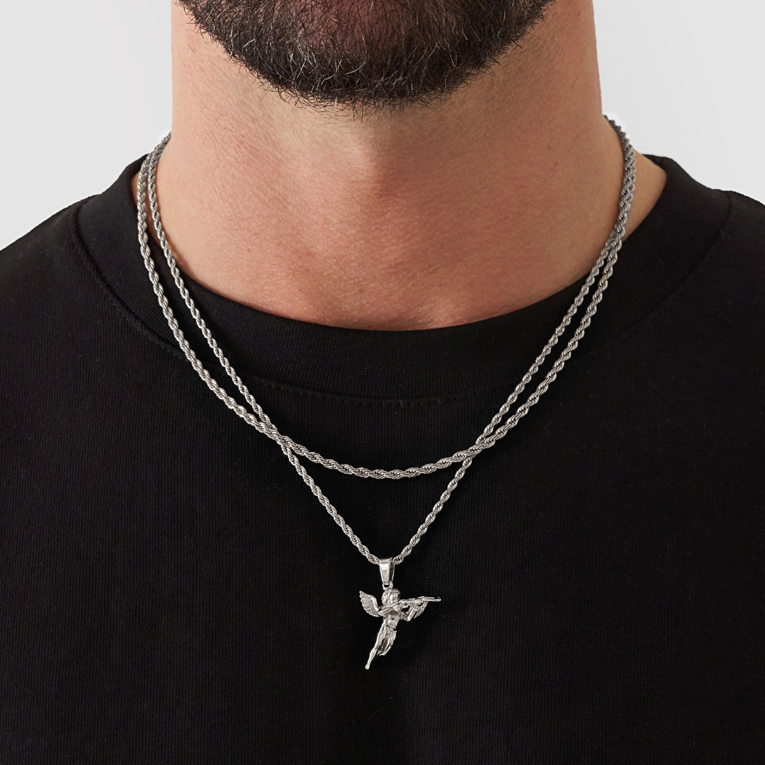 18K Gold Plated Stainless Steel Men's Anchor Necklace- Silver - PlumOnyx