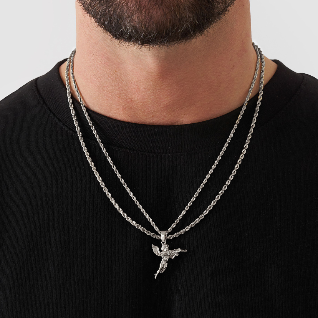 18K Gold Plated Stainless Steel Men's Anchor Necklace- Silver - PlumOnyx