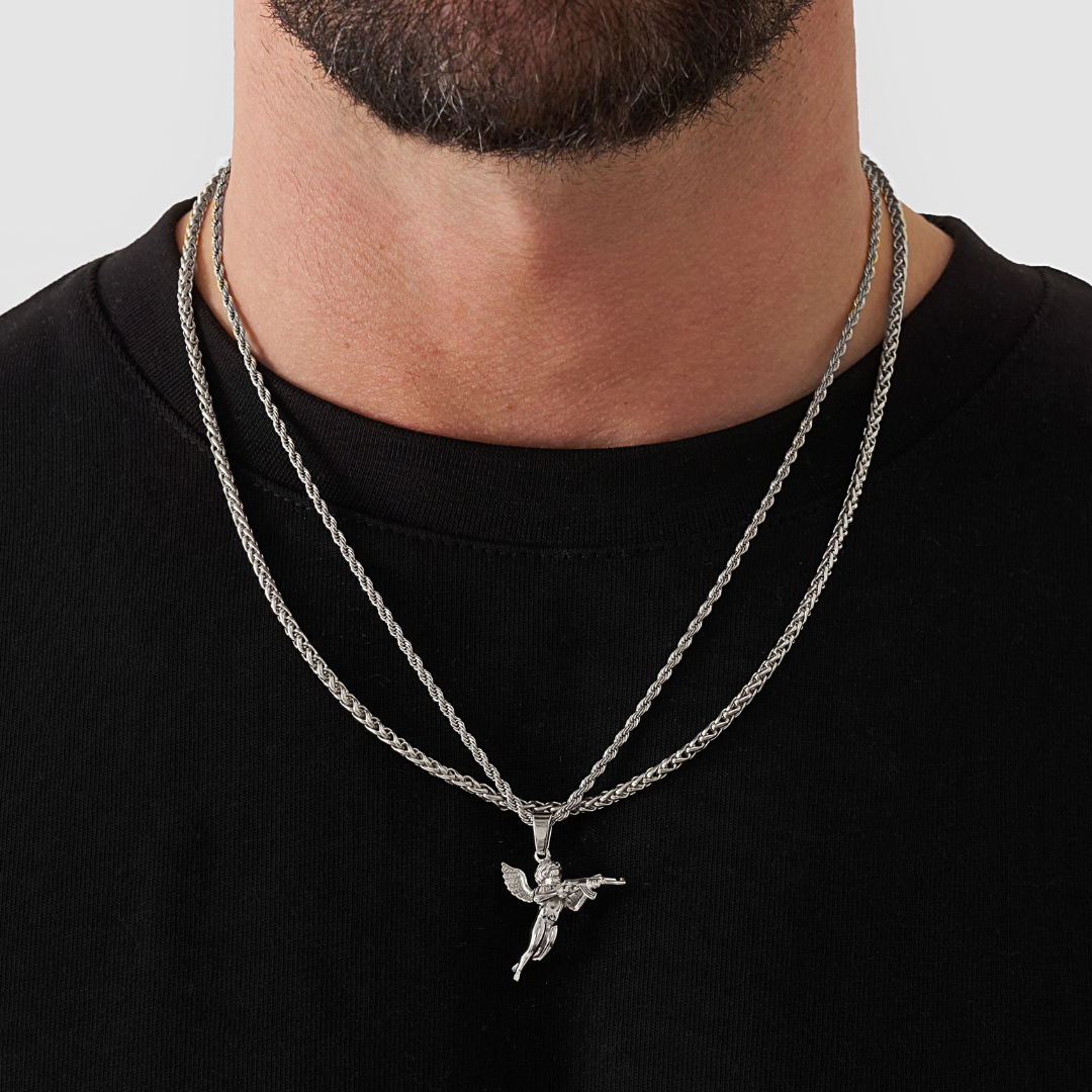 18K Gold Plated Stainless Steel Men's Anchor Necklace- Silver - PlumOnyx