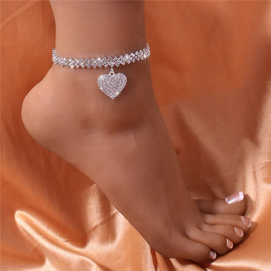 Charm Personality Foot Jewelry Bling Rhinestone Tennis Heart Anklet - PlumOnyx