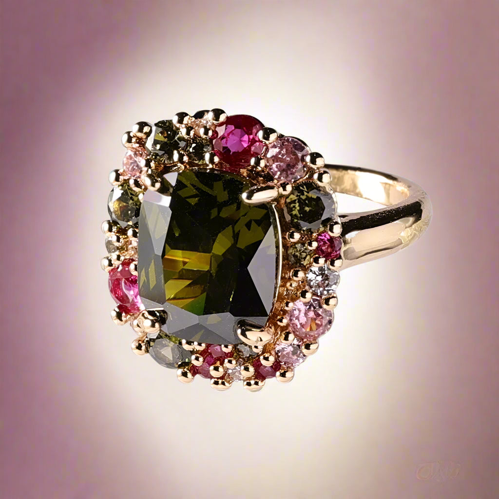 Large Emerald & Micro-Infused Zircon Copper Flower Shape Ring - PlumOnyx
