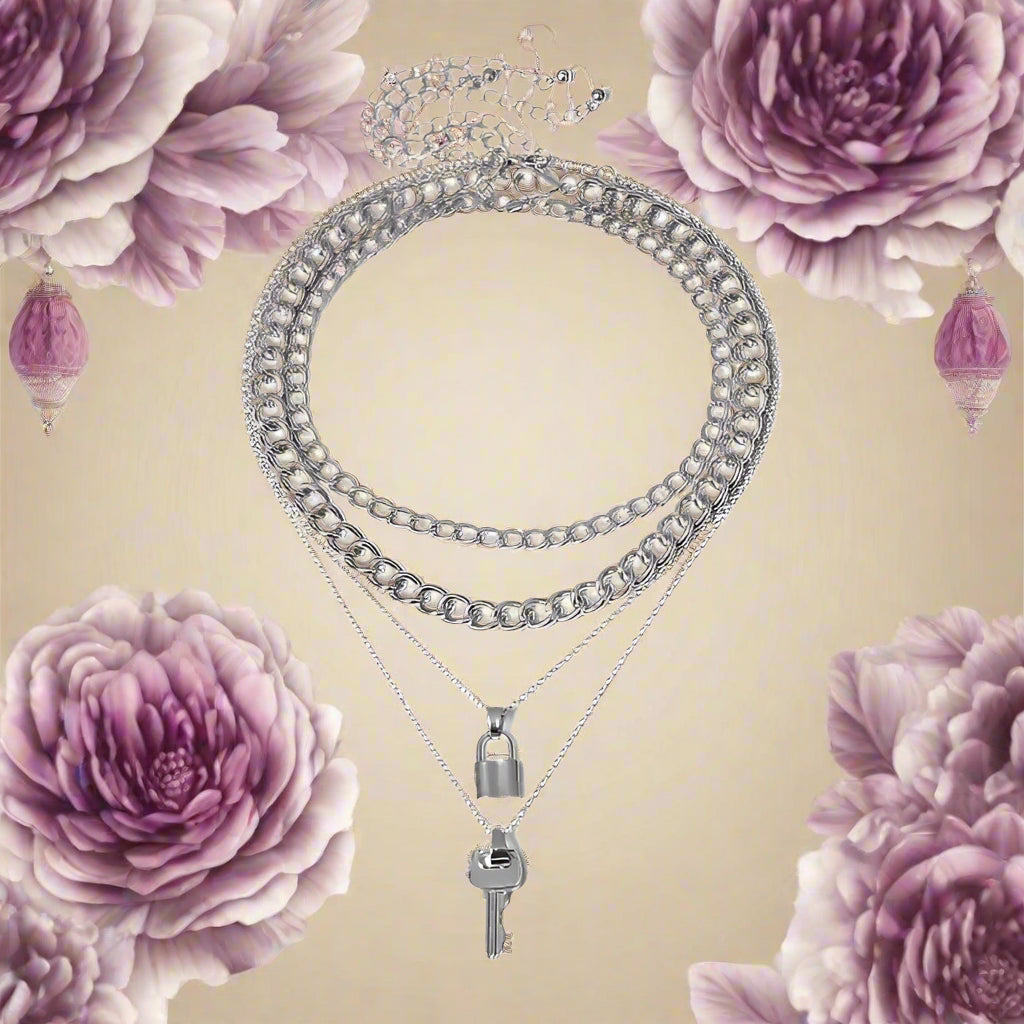 Multi-layered Cuban Keylock Charm Necklace - PlumOnyx