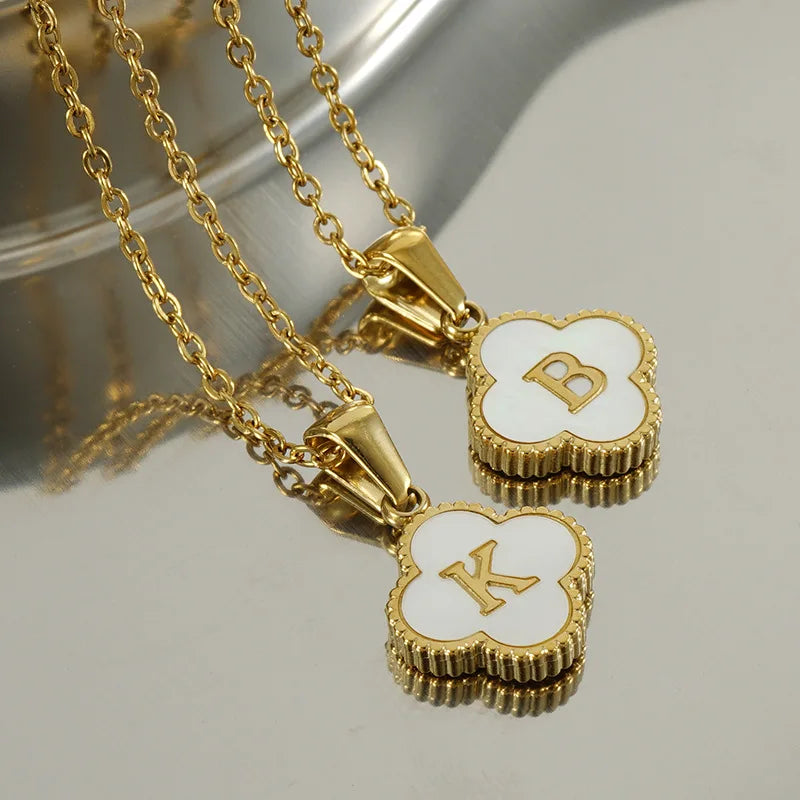 Initial Four Leaf Clover Letter Necklace - PlumOnyx