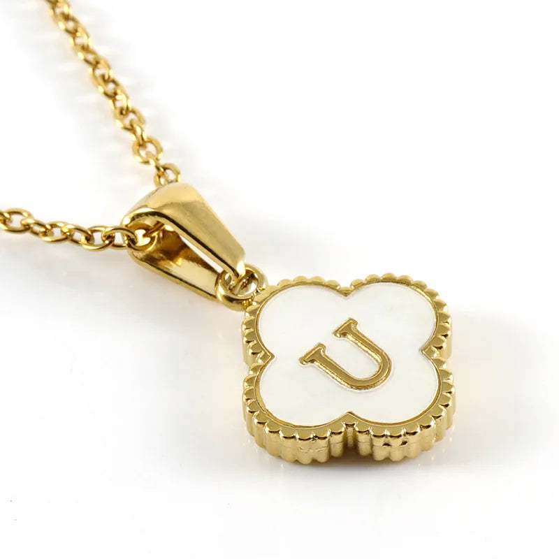 Initial Four Leaf Clover Letter Necklace - PlumOnyx