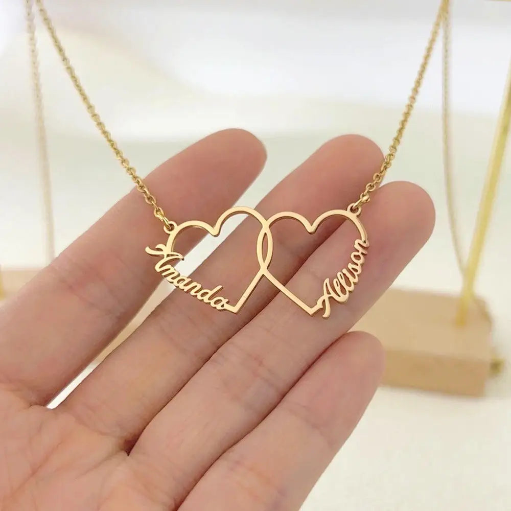 Custom Double or Trlple Name Heart Nameplate Pendant Necklace - PlumOnyx