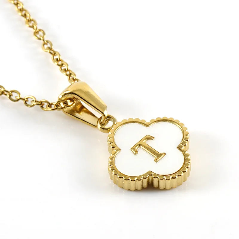 Initial Four Leaf Clover Letter Necklace - PlumOnyx
