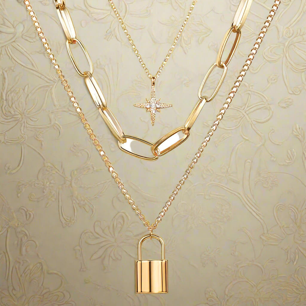 Gold Plated Layered Lock Chain Necklace - PlumOnyx